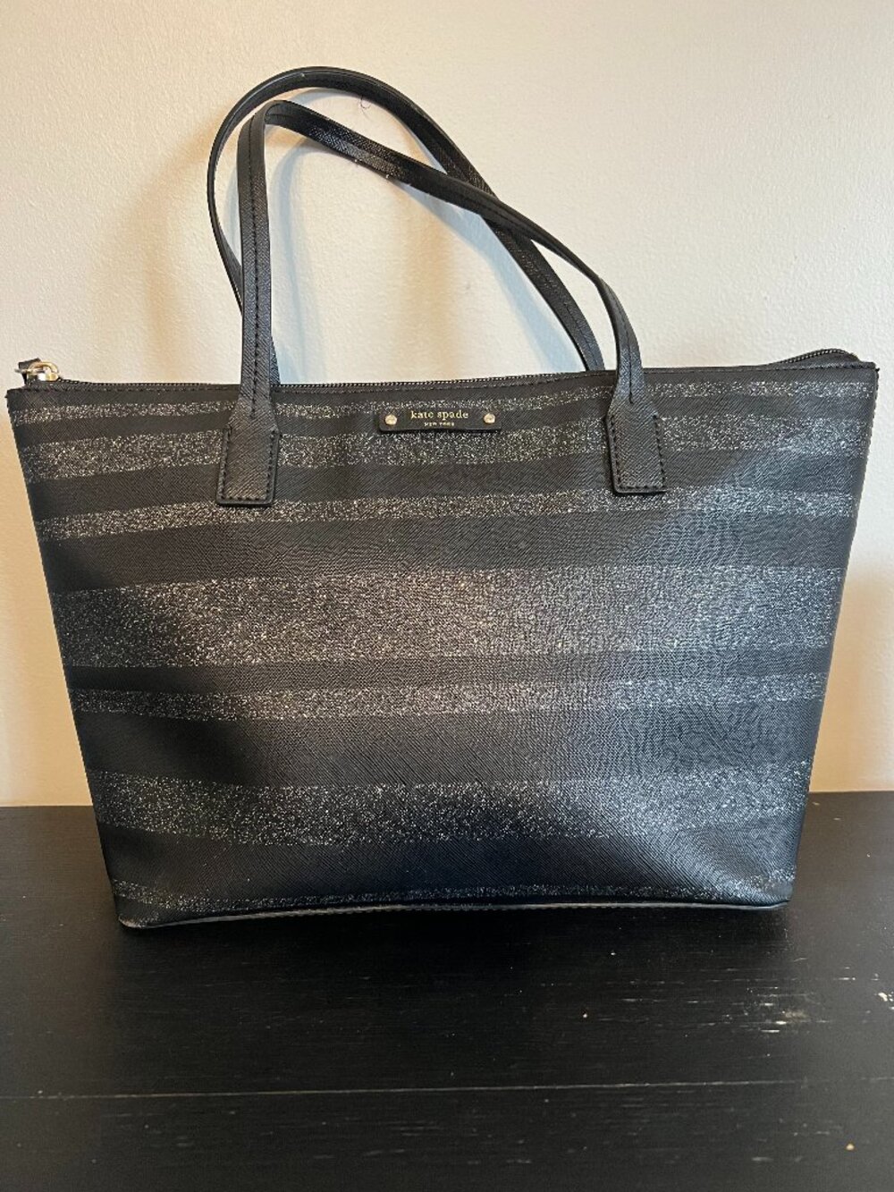 Kate Spade Haven Lane Hani Tote Black Silver Glitter Stripe Large Zip Tote Bag
